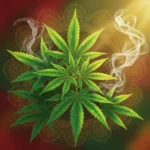 Folhas de cannabis com elementos culturais indianos e rastafáris representando a origem do termo ganja