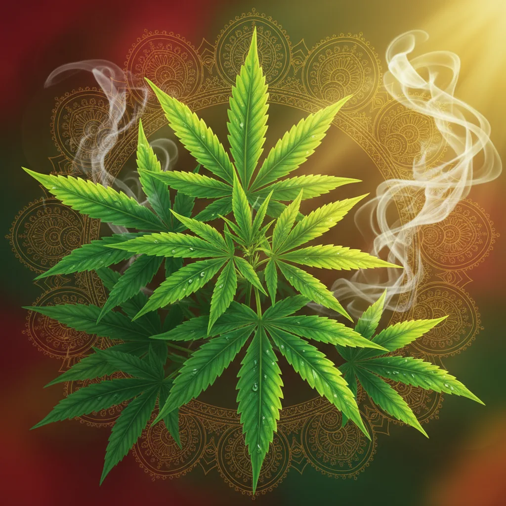 Folhas de cannabis com elementos culturais indianos e rastafáris representando a origem do termo ganja