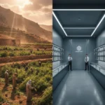 Contraste visual entre campos de cannabis em país em colapso e dispensário legal vazio, ilustrando resiliência de economias informais versus desafios de mercados regulados