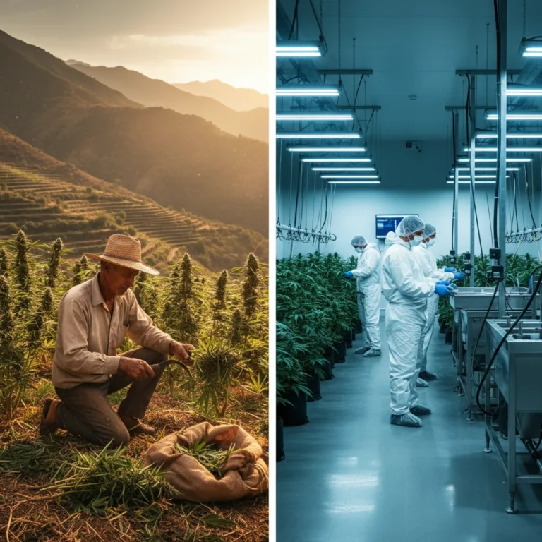 Contraste visual entre cultivo tradicional de cannabis em economia informal e instalação corporativa moderna legalizada