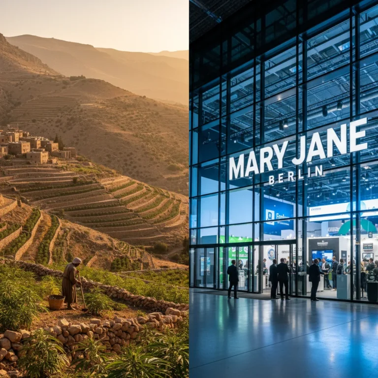 Contraste visual entre campos tradicionais de cannabis no Líbano e evento comercial Mary Jane Berlin, representando economias paralelas