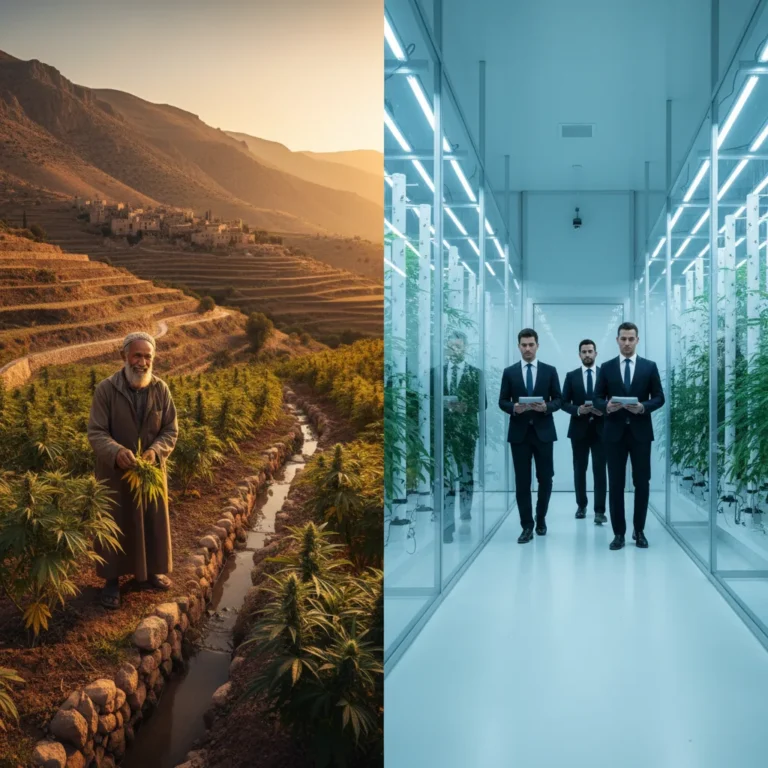 Contraste visual entre agricultor tradicional de cannabis em campos montanhosos e instalação corporativa moderna representando diferentes modelos de mercado