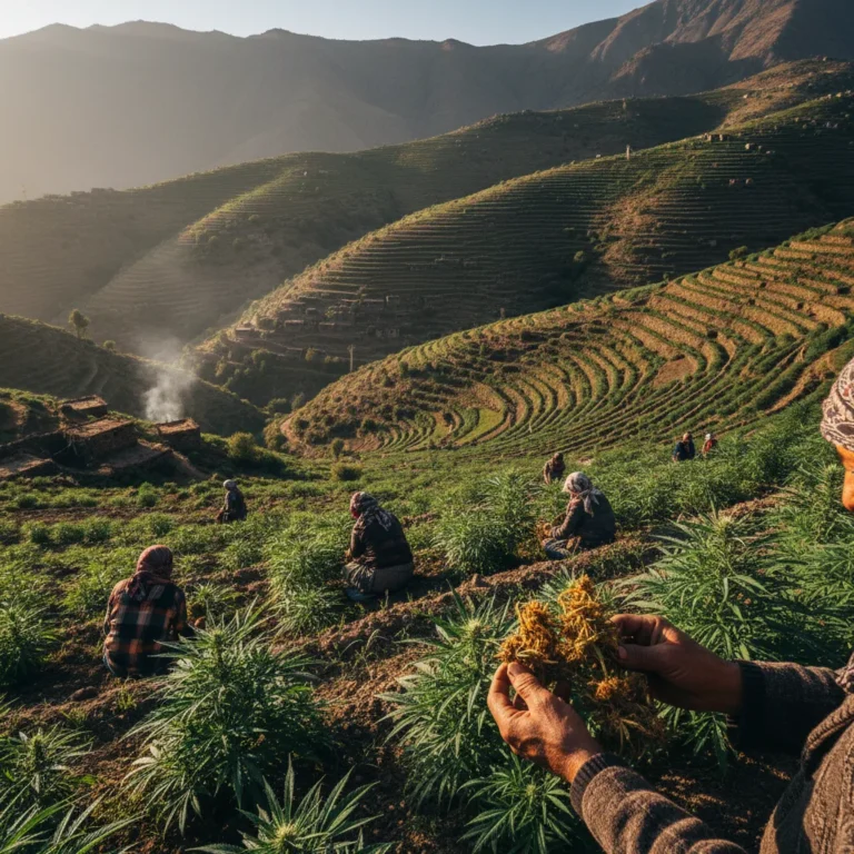 Agricultores cultivando cannabis em terraços montanhosos durante colapso econômico em país em crise