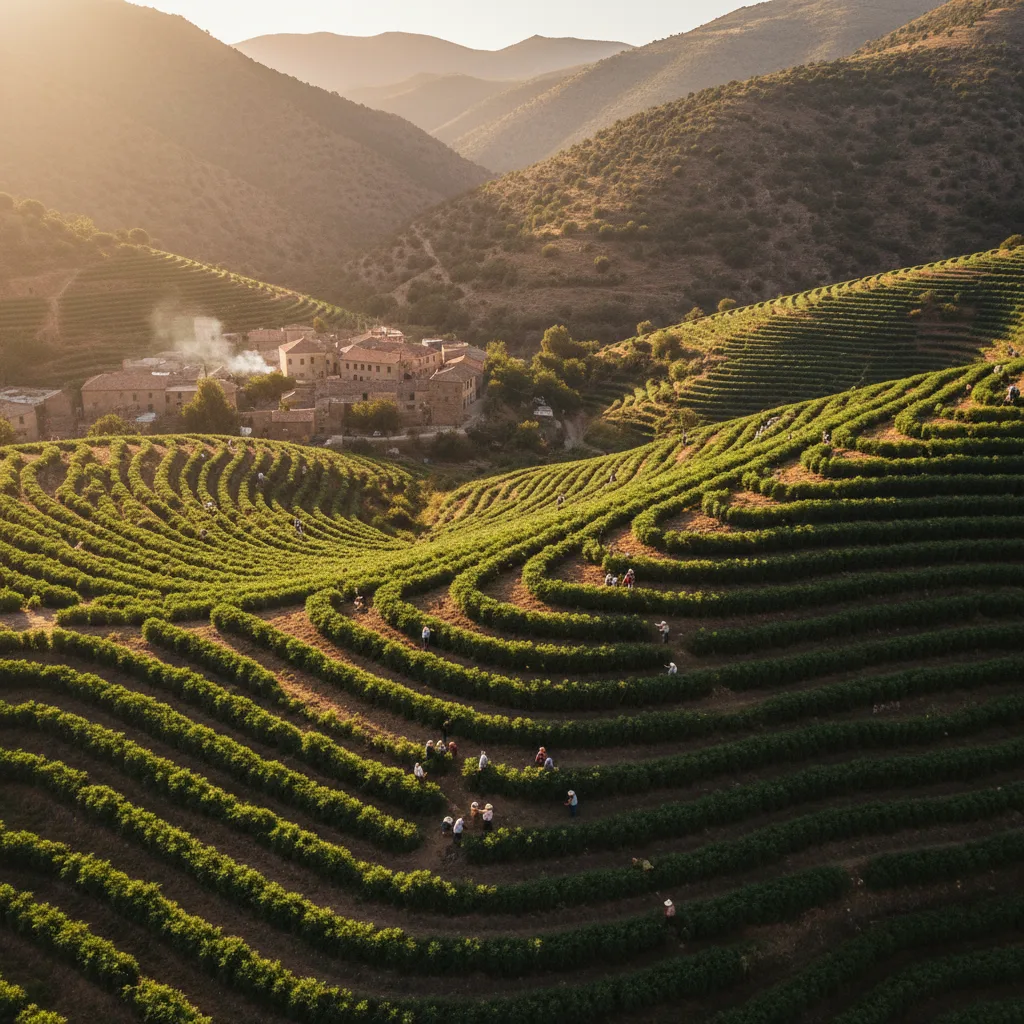 Vista aérea de cultivo de cannabis em terraços montanhosos com agricultores trabalhando durante o pôr do sol