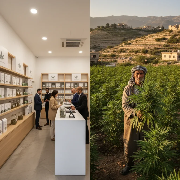 Contraste entre dispensário de cannabis ocidental moderno e agricultor tradicional cultivando cannabis em vale montanhoso, ilustrando economias paralelas