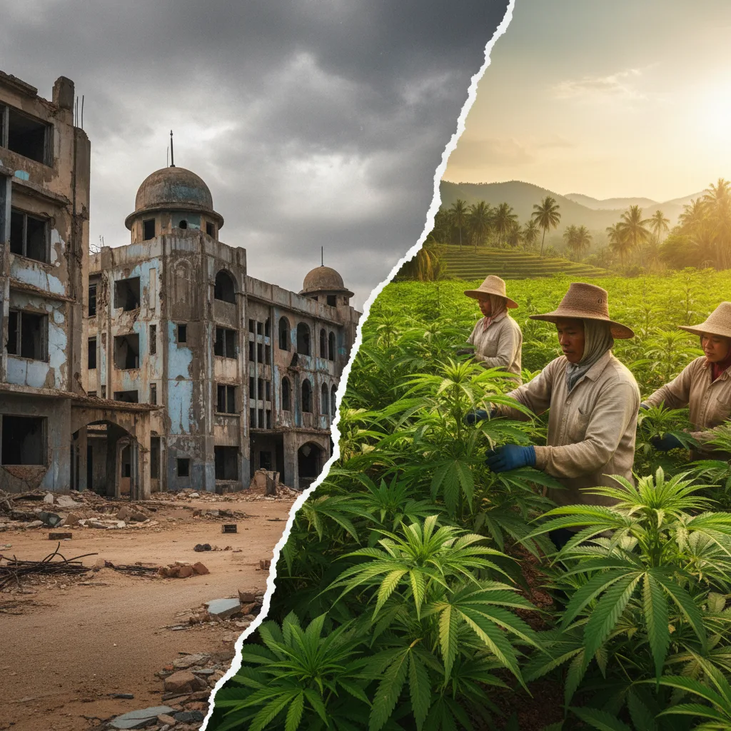 Ilustração contrastando infraestrutura estatal abandonada com campos de cannabis cultivados por agricultores em países em colapso