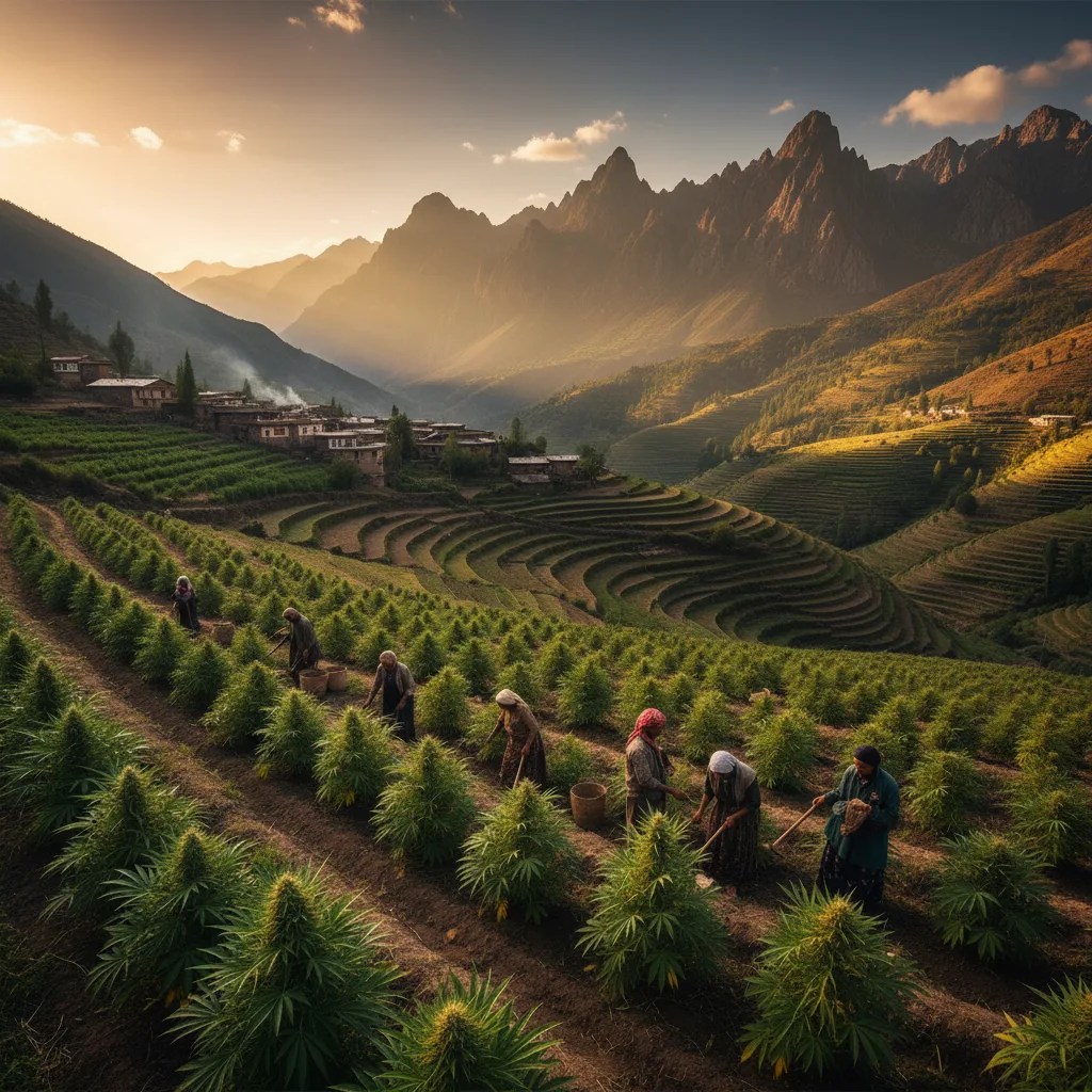 Campos de cannabis em vale montanhoso representando economia paralela e agricultura de sobrevivência em contexto de colapso estatal