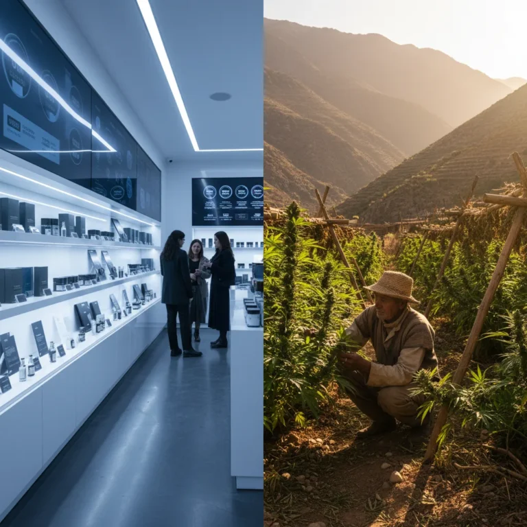 Contraste visual entre dispensário moderno ocidental e agricultor tradicional cultivando cannabis em país em colapso
