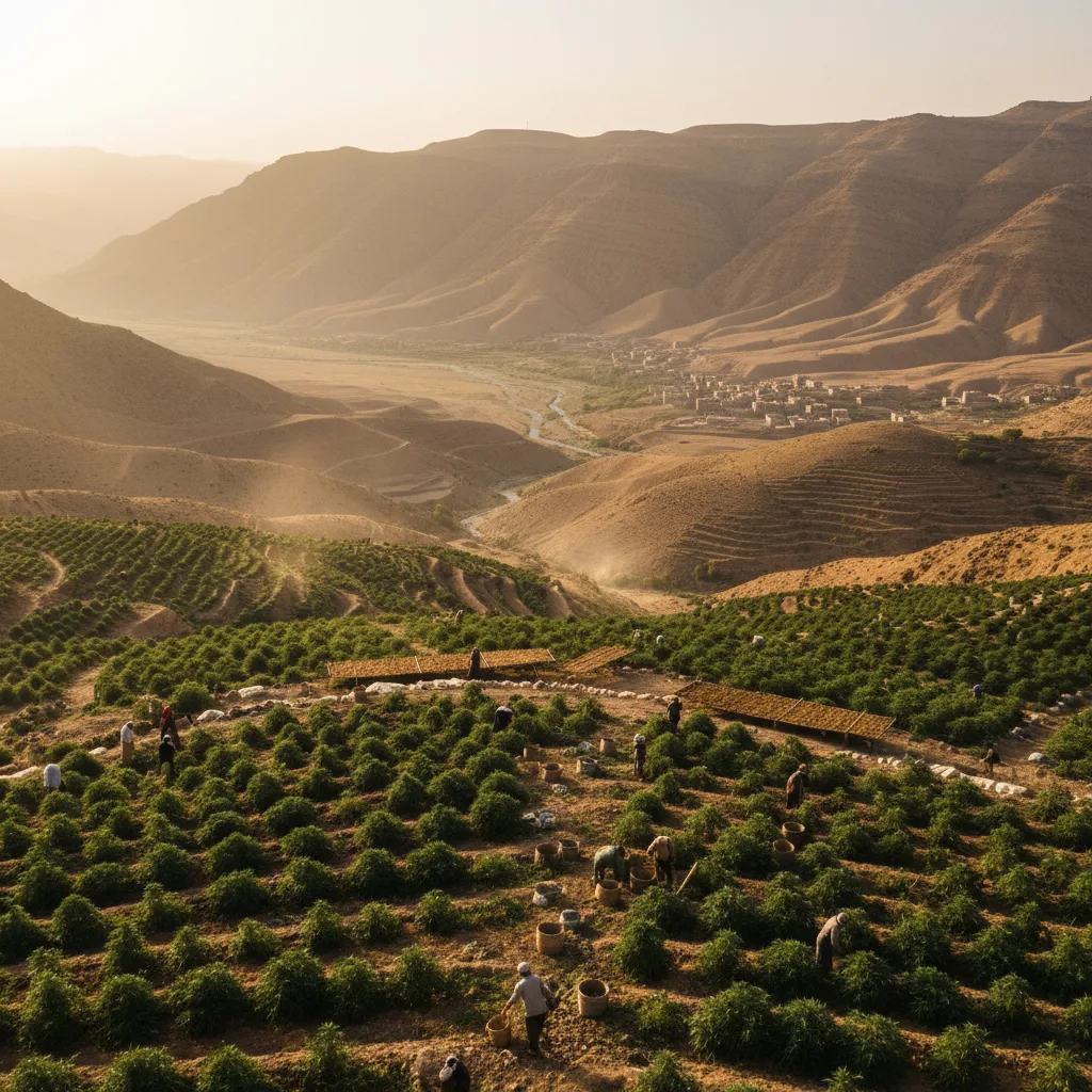Campos de cannabis em terraços montanhosos mostrando agricultura tradicional em região de colapso econômico
