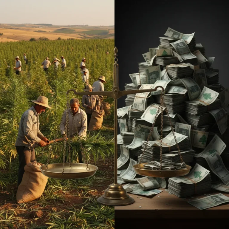 Ilustração mostrando campos de cannabis no Vale do Bekaa contrastados com moeda desvalorizada em balança, representando cannabis como reserva de valor
