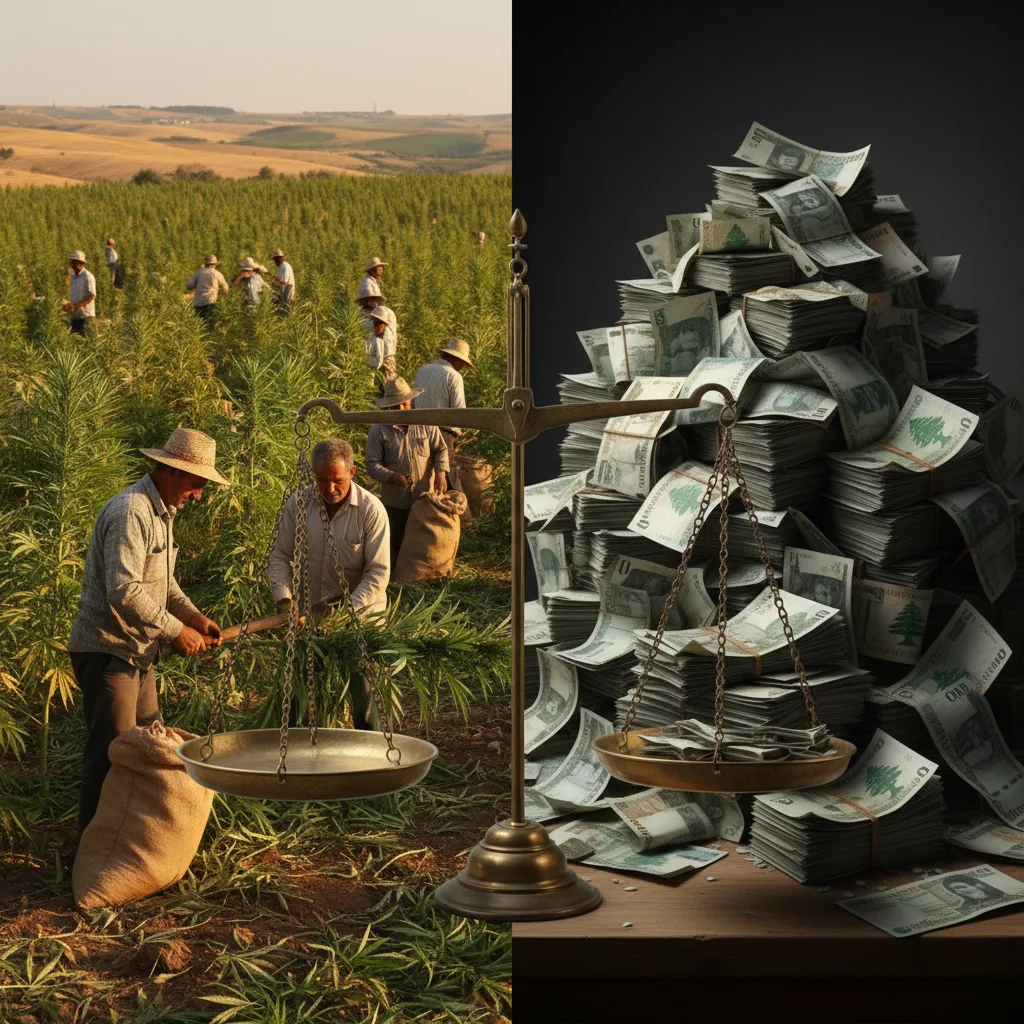 Ilustração mostrando campos de cannabis no Vale do Bekaa contrastados com moeda desvalorizada em balança, representando cannabis como reserva de valor