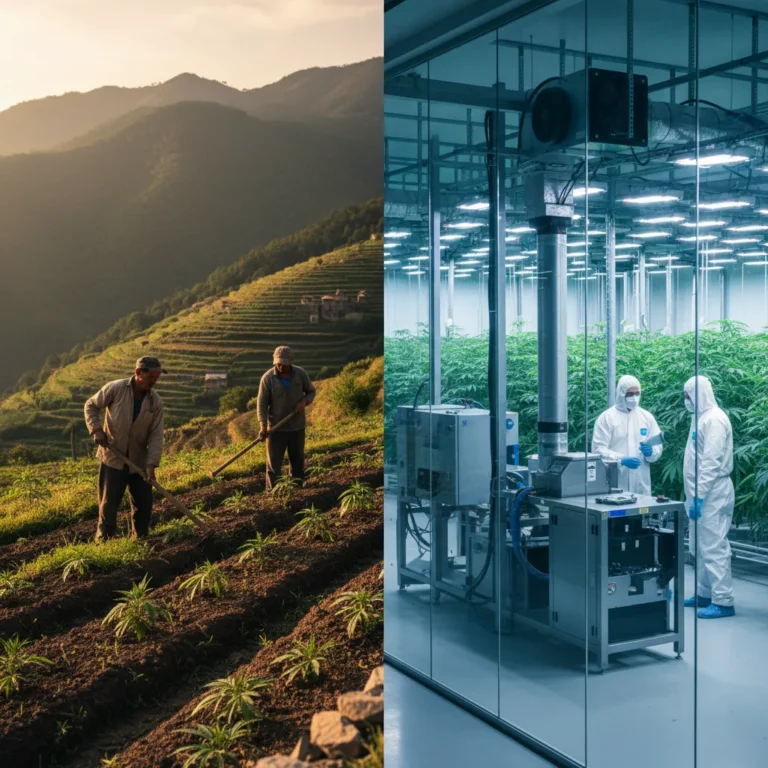 Contraste visual entre agricultores tradicionais de cannabis em campos artesanais e instalação corporativa industrial moderna