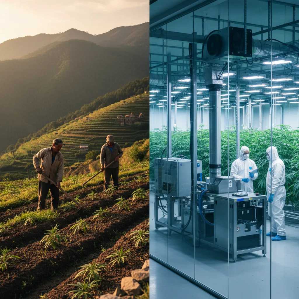 Contraste visual entre agricultores tradicionais de cannabis em campos artesanais e instalação corporativa industrial moderna