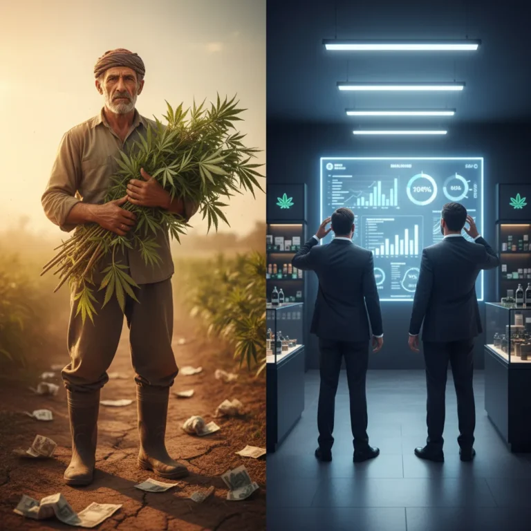 Ilustração dividida mostrando agricultor com cannabis em país em colapso econômico contrastando com executivos confusos em dispensário legal