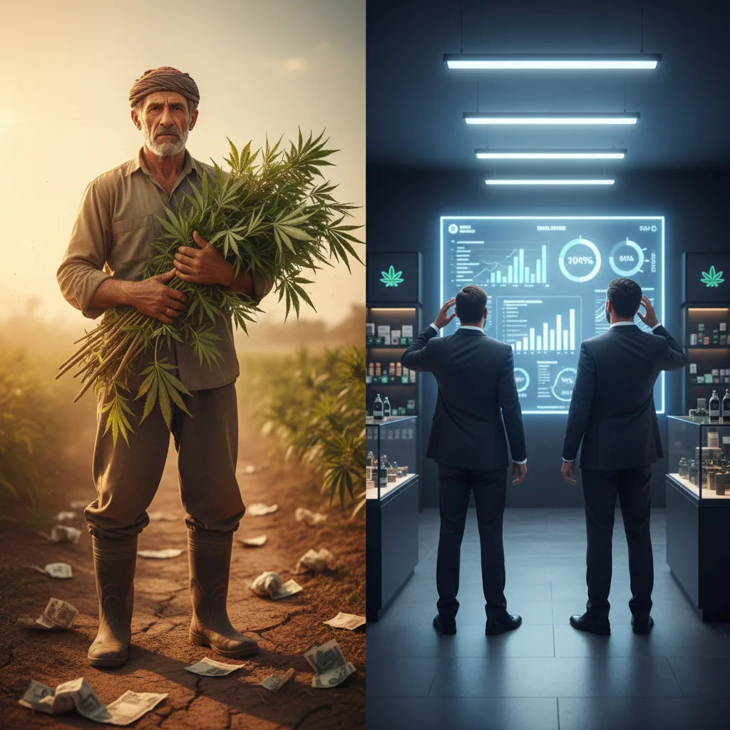 Ilustração dividida mostrando agricultor com cannabis em país em colapso econômico contrastando com executivos confusos em dispensário legal