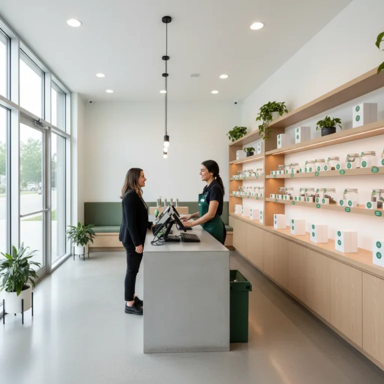 Interior profissional de dispensário de cannabis com design de varejo moderno e atendimento ao cliente