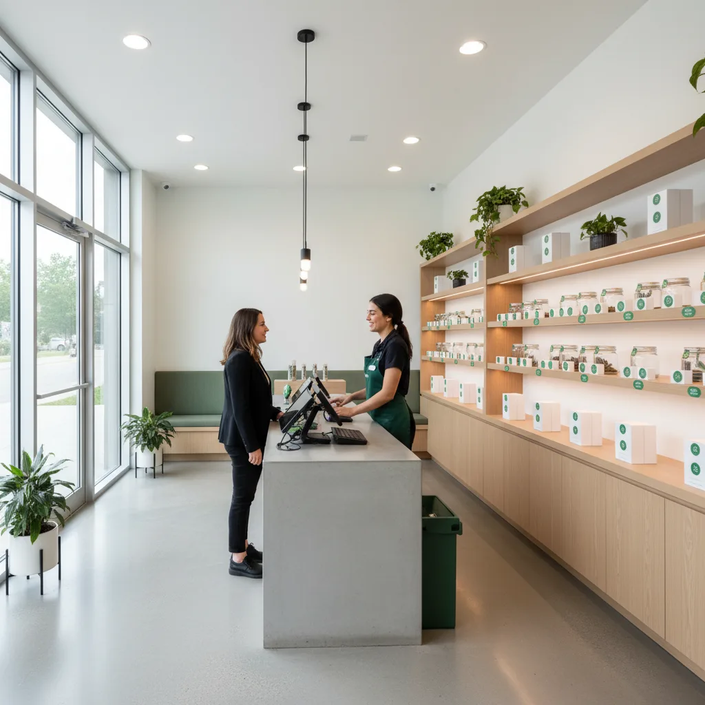 Interior profissional de dispensário de cannabis com design de varejo moderno e atendimento ao cliente