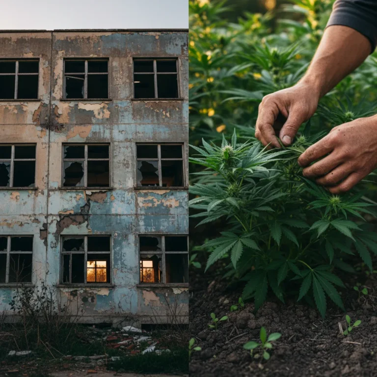 Composição fotográfica mostrando contraste entre colapso estatal e resiliência comunitária através do cultivo de cannabis