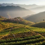 Campos de cannabis em vale montanhoso com agricultores trabalhando, representando economias agrícolas de sobrevivência