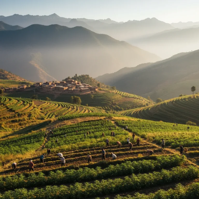 Campos de cannabis em vale montanhoso com agricultores trabalhando, representando economias agrícolas de sobrevivência