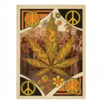 Composição editorial vintage estilo anos 70 com elementos da revista High Times e símbolos da contracultura canábica