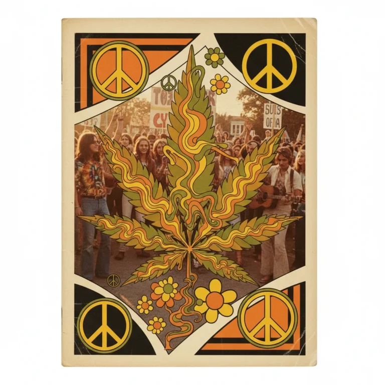 Composição editorial vintage estilo anos 70 com elementos da revista High Times e símbolos da contracultura canábica