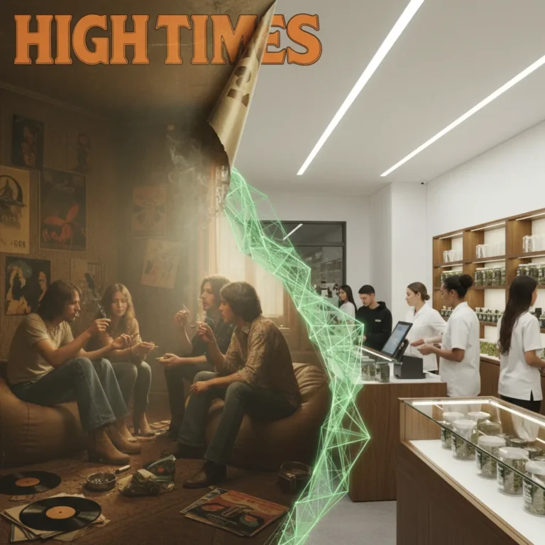 Composição visual mostrando a evolução da revista High Times desde os anos 1970 até a moderna indústria canábica legalizada