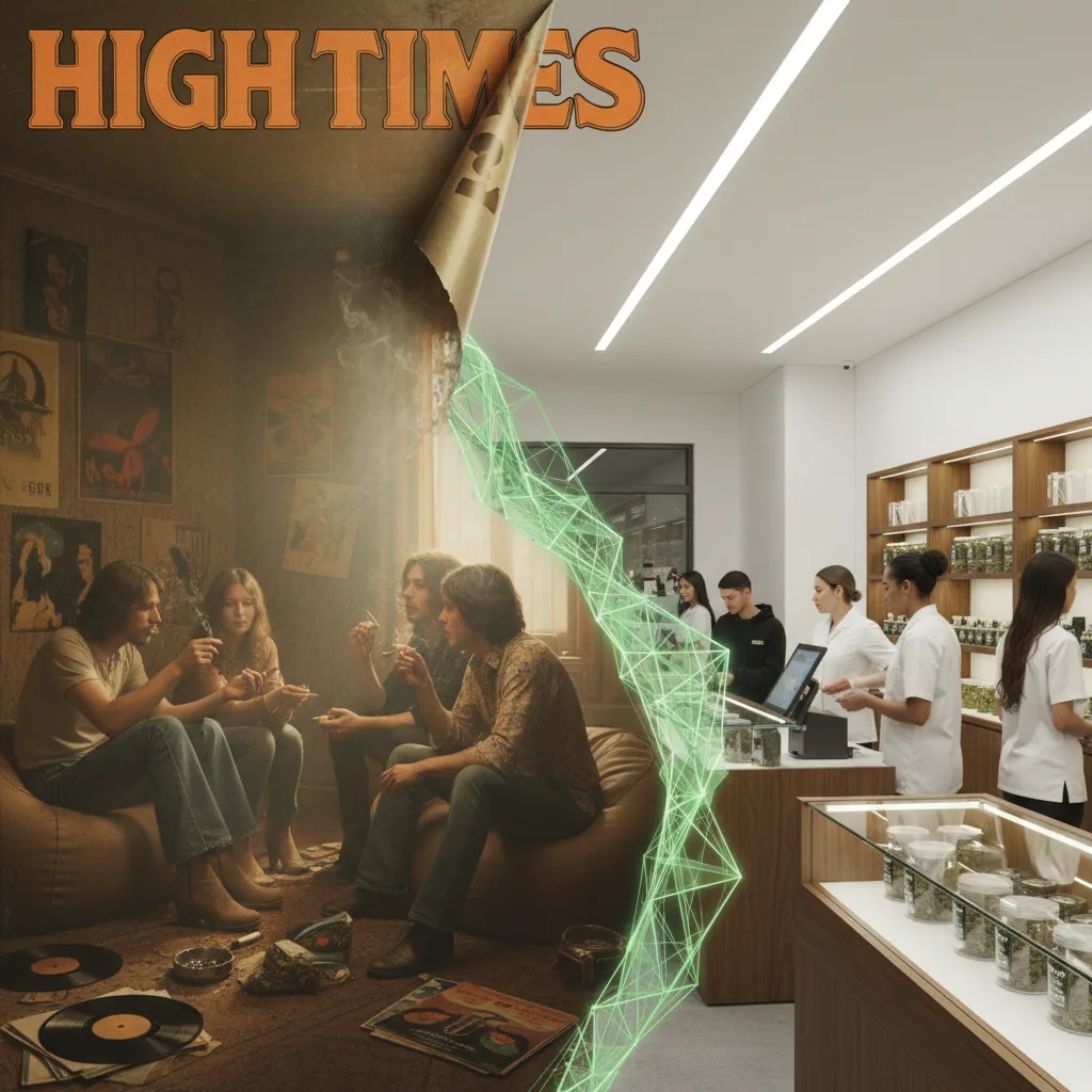 Composição visual mostrando a evolução da revista High Times desde os anos 1970 até a moderna indústria canábica legalizada